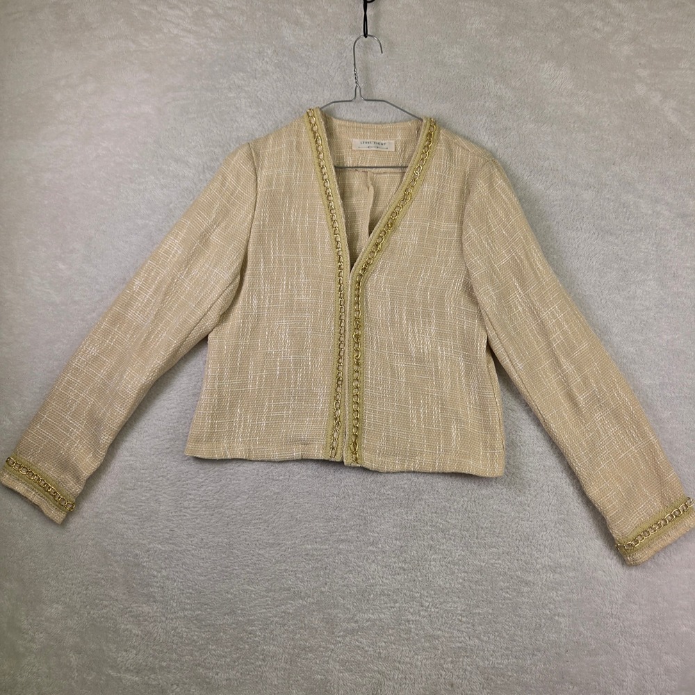 Level Eight Tan Tweed Open Front Jacket Gold Chain Trim Professional Tan Cream